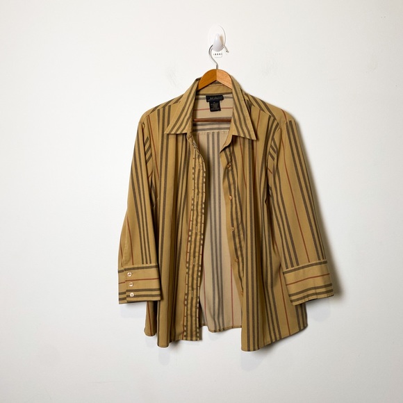 Vintage Tops - Vintage Tan Striped Oversized Button Up Blouse Shirt
